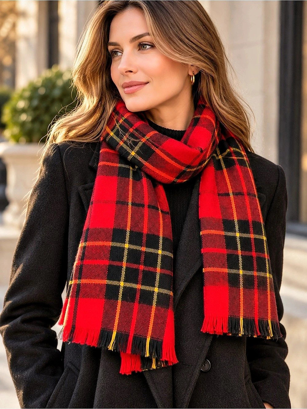 null 100% Wool Made in Japan Plaid Scarf in Red & Black